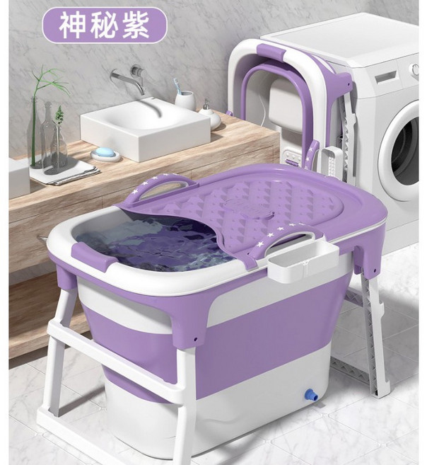 加高款折疊浴缸 保溫蓋設計 居家收納不佔空間 寶寶成人皆適用, 1個, 成人高桶-紫色【贈靠墊含蓋】