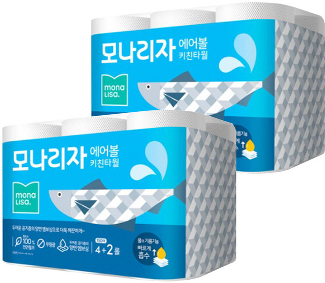 모나리자 에어볼키친타올150매x6롤 2팩 12롤