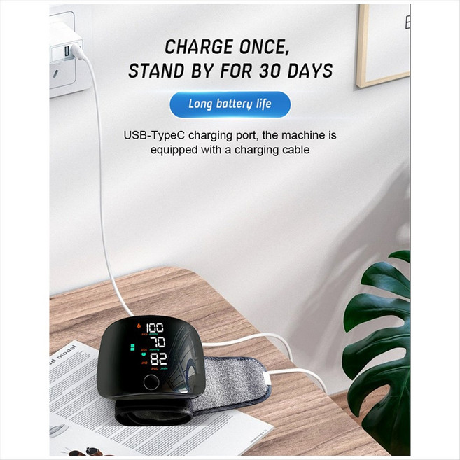 터치 LCD 화면 디지털 손목 혈압 모니터 지능형 음성 자동 심박수 혈압 모니터, 검은색, 1