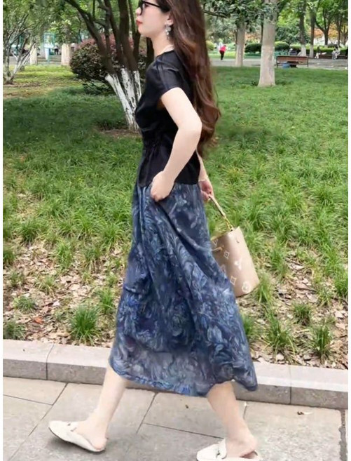 氣質天絲亞麻高腰碎花A字中長裙女夏