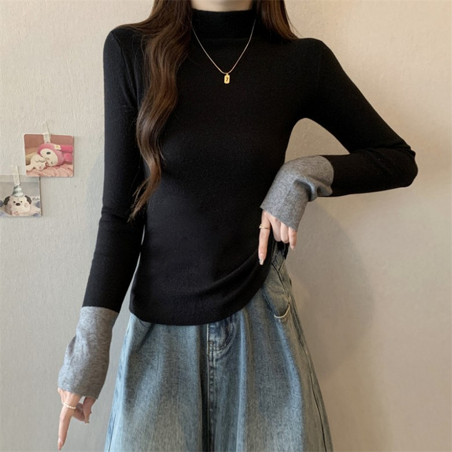 뉴욕멋쟁이 주리 모크넥 손목배색 슬림 티셔츠