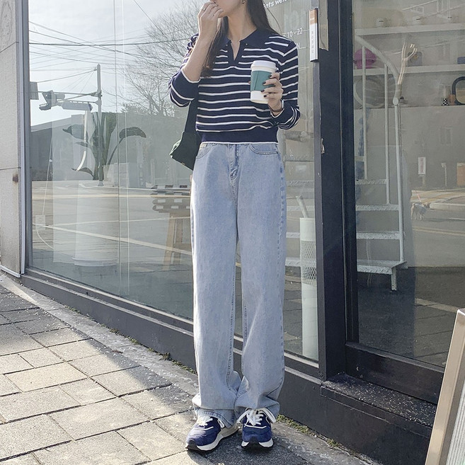 큐니티 여성용 롱 와이드 빈티지 워싱 하이웨스트 일자 데님 팬츠