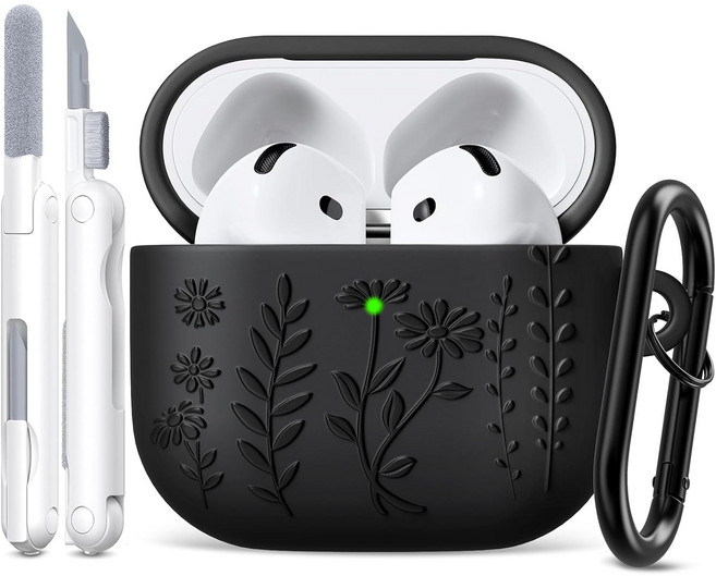 에어팟 4세대 플라워 실리콘 이어폰 케이스, 1개, 블랙, 에어팟4세대