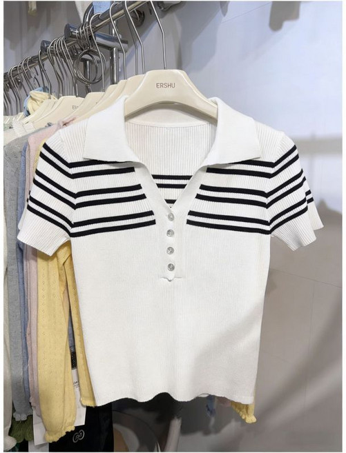 夏季簡約時尚風POLO領針織衫顯瘦百搭正肩短袖上衣女