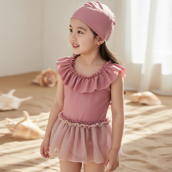달콩슈 여아용 프릴 튜튜 원피스 수영복 세트 수영모 DSW616
