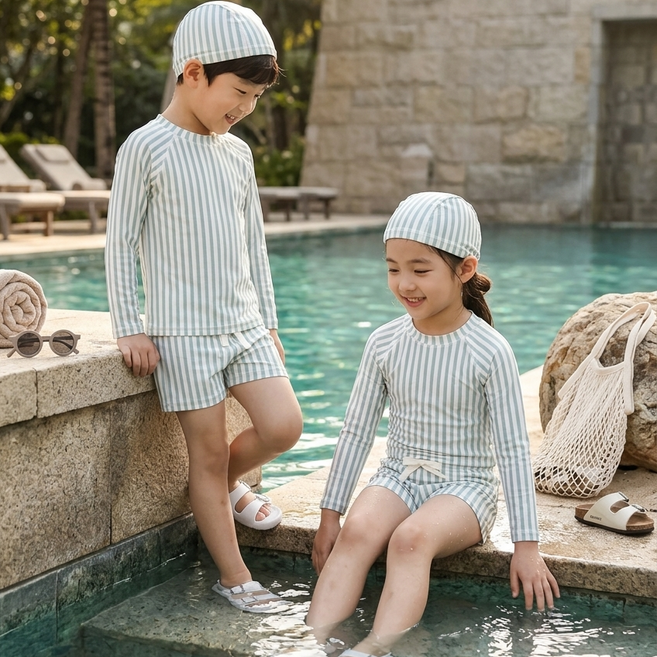 스토리원 U-KIDSWR004 아동 어린이 긴팔 래쉬가드 수영복 남아 여아 반바지 수영모 세트