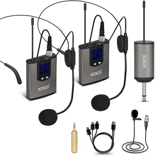 KDES 듀얼 무선 마이크 시스템 헤드셋 마이크/스탠드 마이크/충전식 바디팩 송신기 및 수신기가 포함된 라, 01 2mics