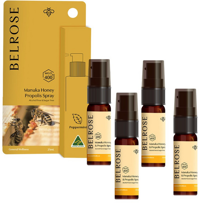 澳倍美 Belrose 麥蘆卡蜂膠口腔噴劑 MGO 400+ 薄荷口味 無酒精無糖 25ml/瓶 4入組, 1個