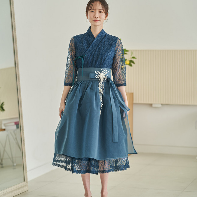 생활한복 실과바늘 철릭원피스 칠부 레이스 청록색 원피스