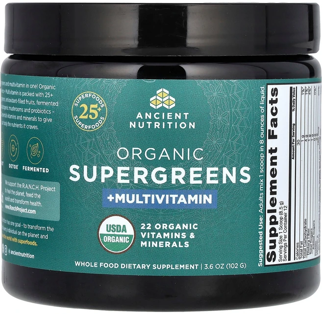 Ancient Nutrition 유기농 슈퍼그린 + 종합비타민 102g(3.6oz) Nutrition (에인션트 뉴트리션), 1개, 102g - 쿠팡