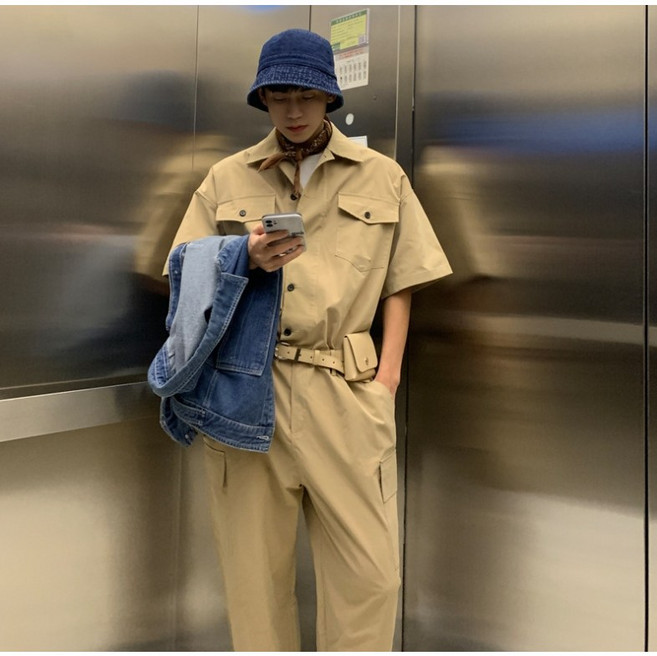 썸머 남성 포켓 카고 점프수트 벨트 set