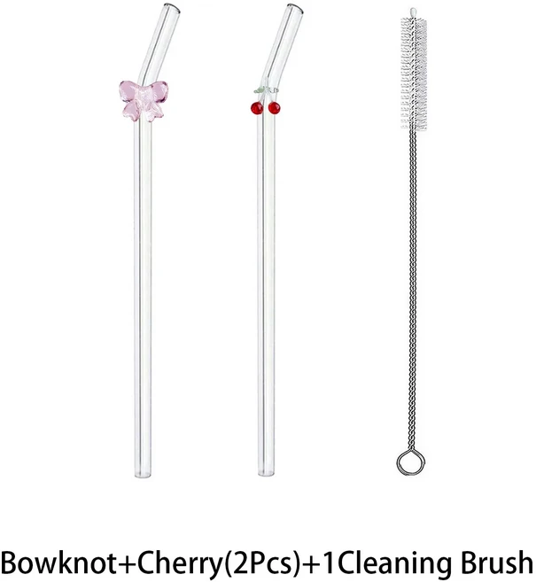 귀여운 만화 유리 빨대 재사용 가능한 구부러지는 디자인 체리/리본 모양 스무디 밀크티 주스 파티 선물에, 03 3PCS--1A 1B 1Brush