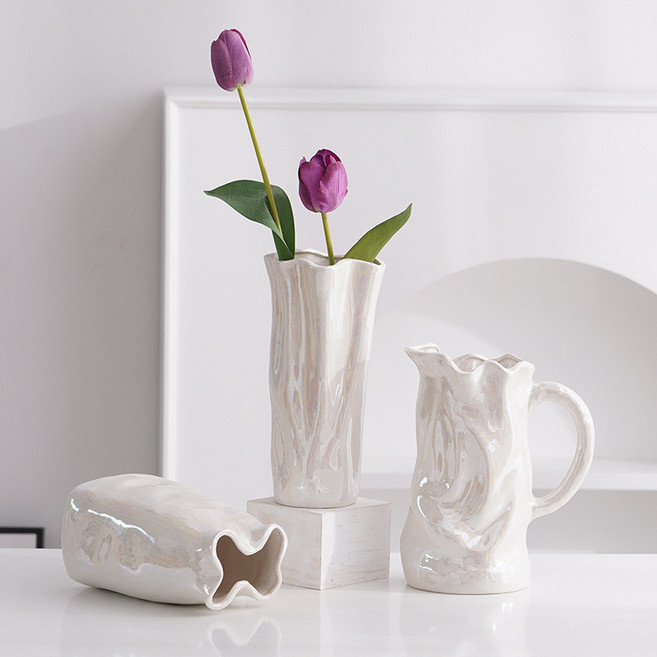 오로라 진주 광택 비정형 세라믹 화병 거실 인테리어 꽃병 오브제 주전자형 화이트 인테리어 소품, 눈부신 날씨 미들 색상 (몽환적인 화이트)