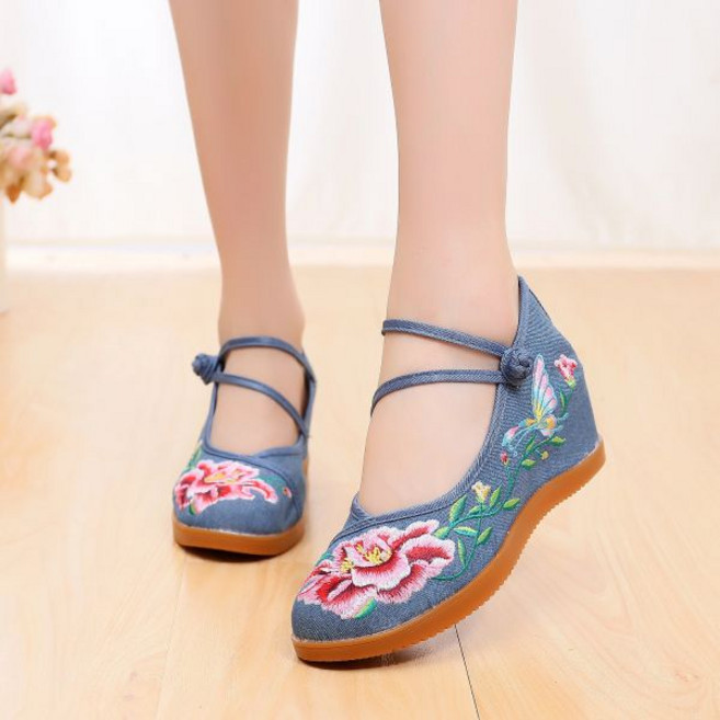 7cm 여성 한복 꽃 신발 혼례 폐백 전통 꽃신 선물 할머니 굽높은 에스닉 스타일 버클 캔버스