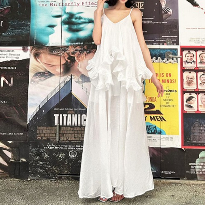 히또리 X5277 바캉스룩 해변 프릴 오버핏 뷔스티에 롱 원피스