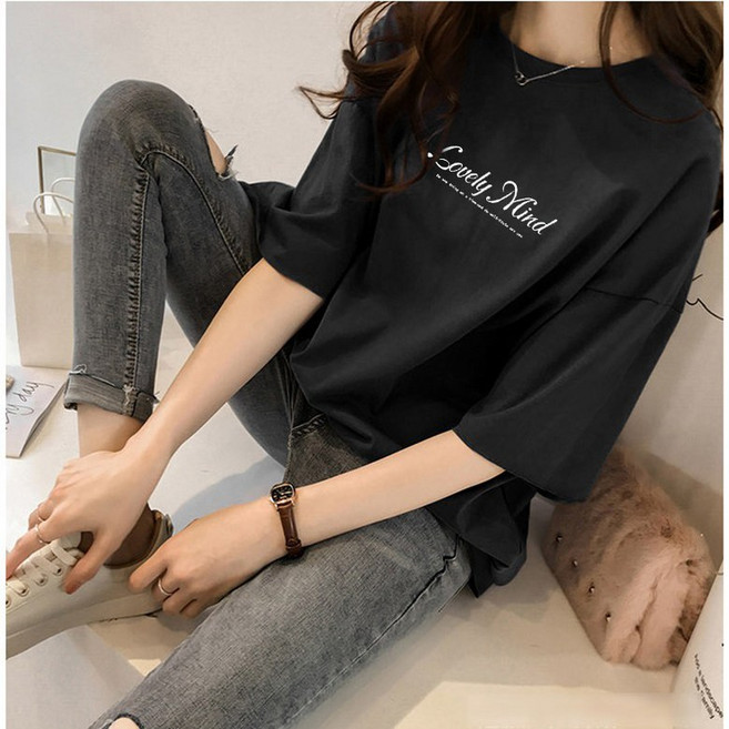 스타일아유 여성 여름 레터링 프린팅 티 반팔 티셔츠 오버핏 티 롱 티셔츠[AZG3TS0852]