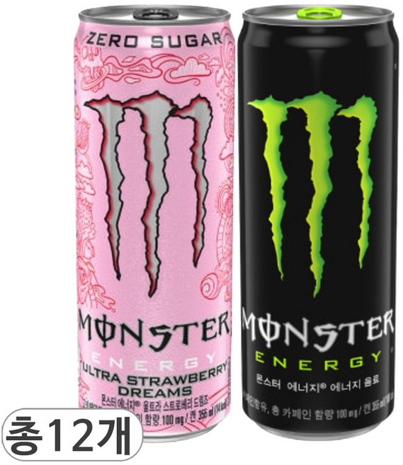 코카콜라 몬스터 에너지 스트로베리 드림즈 & 그린 에너지음료 2가지 혼합세트, 355ml