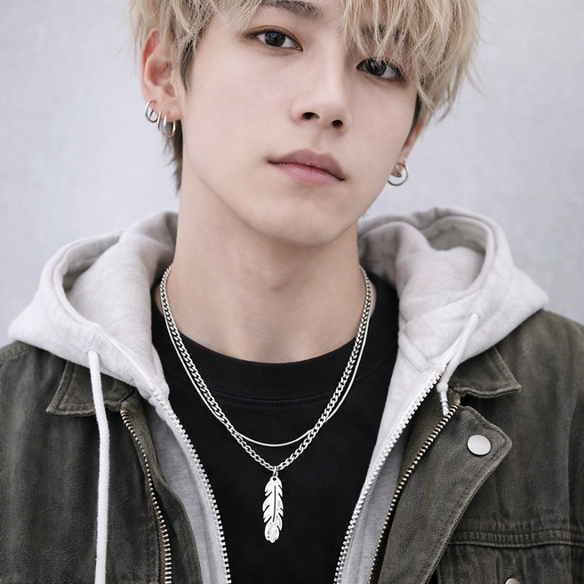 백송 시크 더블 라인 페더 드롭 목걸이 써지컬스틸 남자 주얼리 두줄 레이어드 깃털 펜던트