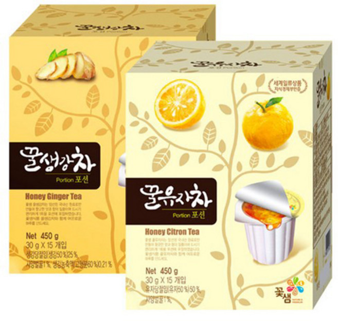 꽃샘 유자차 포션 15T+생강차 포션 15T, 15개입x2개, 30g