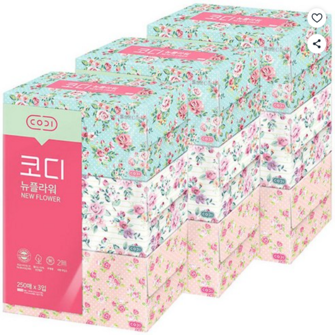 코디 뉴플라워 미용티슈 250매 3입 8팩 프리미엄 화장지, 250개입, 9세트