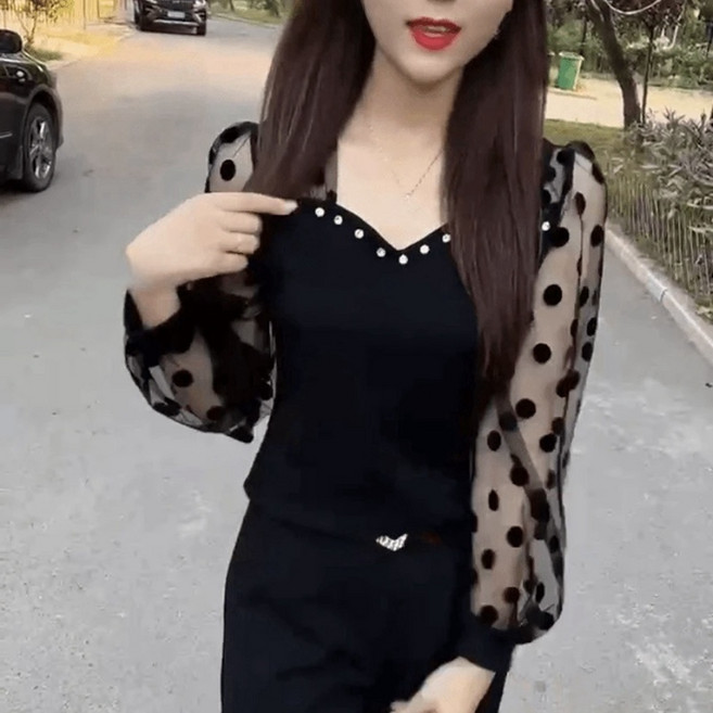 망사티 시스루 긴팔티 스퀘어넥 반짝이 여성 블라우스 빛깃닥