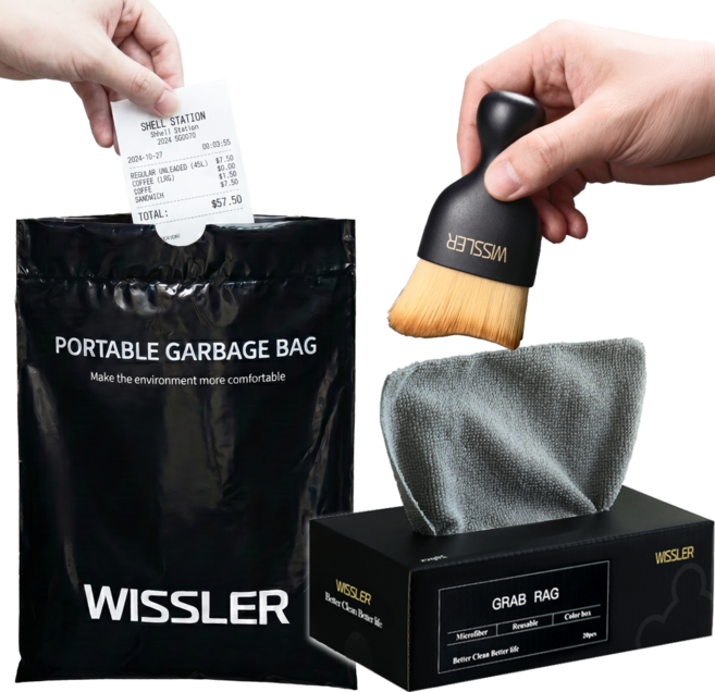 위슬러 2세대 실내 차량 쓰레기 봉투+초미세 브러쉬+극세사 타월 티슈 3종, WSL0267, 1세트