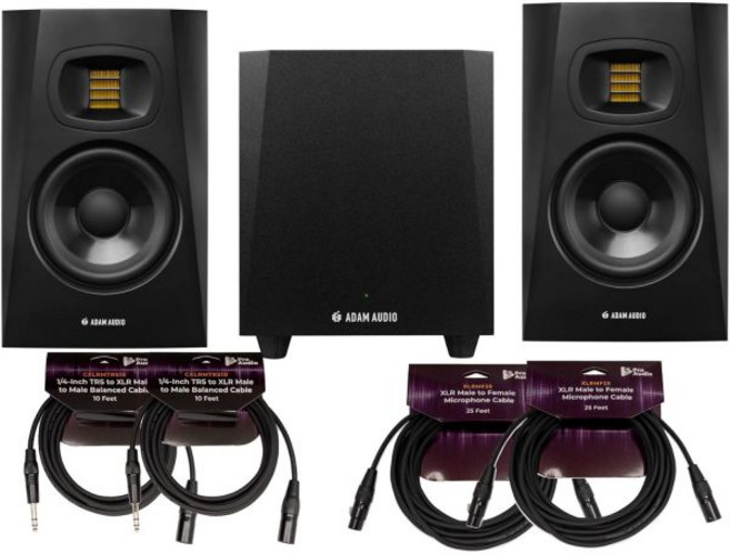 ADAM Audio T5V 액티브 니어필드 모니터페어 번들 스튜디오 서브우퍼 페어 25피트 XLR 수XLR 암 마이크 케이블 14인치 TRSXLR 수수 케이블2팩 포함 7개, 모니터링 스피커 홈레코딩 믹싱용 ADAM 오디오 T5V