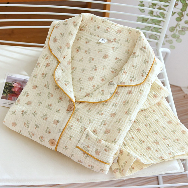 플라워 요루 거즈 잠옷 긴팔 홈웨어 잠옷 세트 사계절