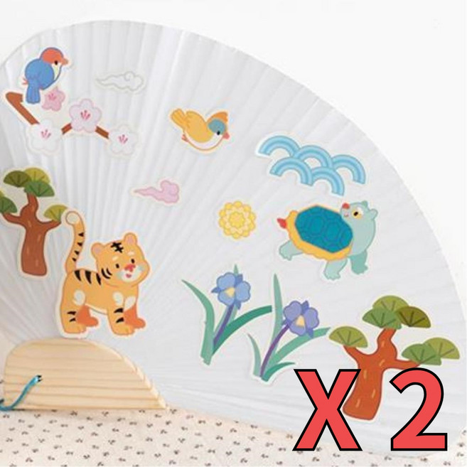 리무버블 전통 민화 스티커 2매 부채 케이스 꾸미기재료 부자재 소량스티커, 십장생