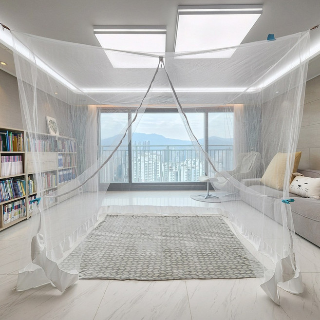 리빙플러스 출입문 야광지퍼 모기장 침대 사각 대형 캠핑용 모기장, 지퍼모기장 화이트 중 + 멀티끈, 지퍼모기장 화이트