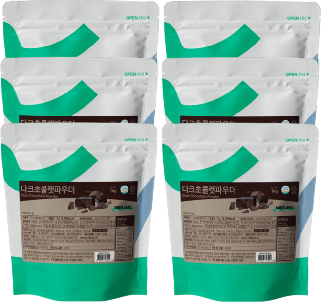 민트라벨 다크초콜릿 파우더 초코 코코아 라떼 분말 가루, 1kg, 1개입, 6개