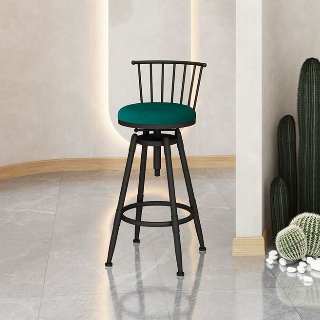 높은의자 원형바의자 홈바 스탠딩 높이조절 철제 바체어, 그린 벨벳 쿠션+등받이 [좌석 높이 70cm]