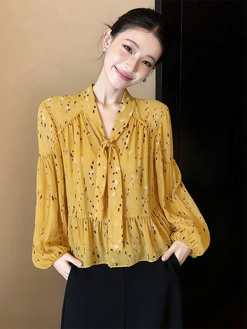 法式碎花雪紡長袖V領襯衫