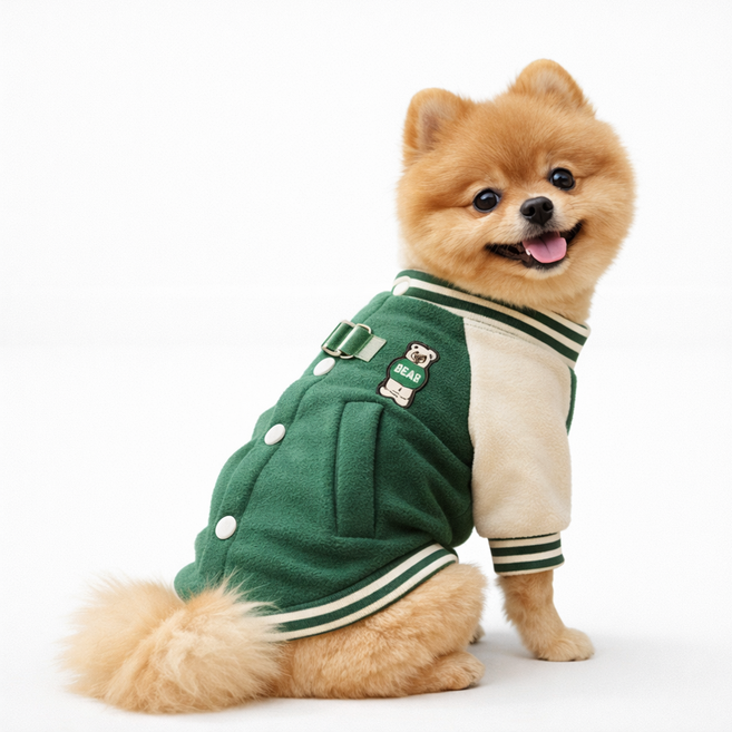 강아지 기모 일체형 하네스 곰돌이 야구점퍼 옷, 1개, 그린베어