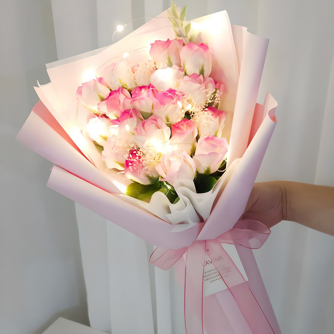 올스타 비누꽃다발 졸업식꽃다발 +LED무드등+ 쇼핑백 세트, 20송이 로즈핑크, 1개
