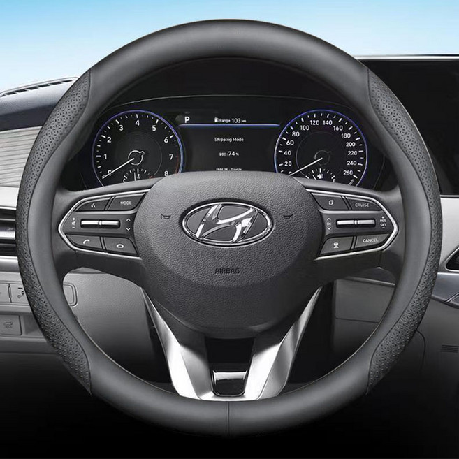 현대 전차종 호환 프리미엄 나파 가죽 카본 핸들커버, 원형(H-02), 블랙 엠보