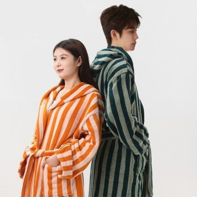 루프(Loop) 남여공용 코랄울 스트라이프 후드 샤워 목욕 로브 나이트 가운