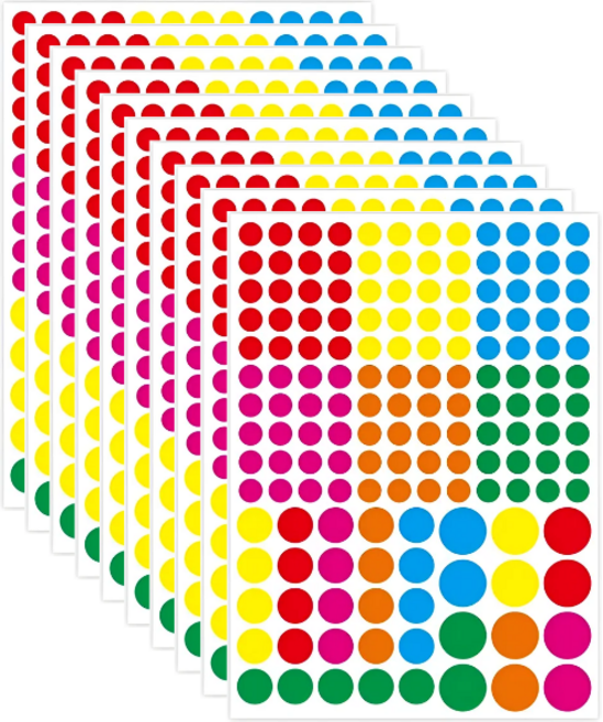 1570PCS 3종 6색상 다인노 원형 스티커, 혼합
