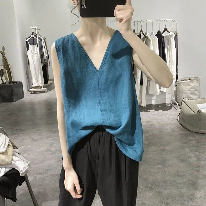V領棉麻背心 韓版簡約寬鬆無袖上衣