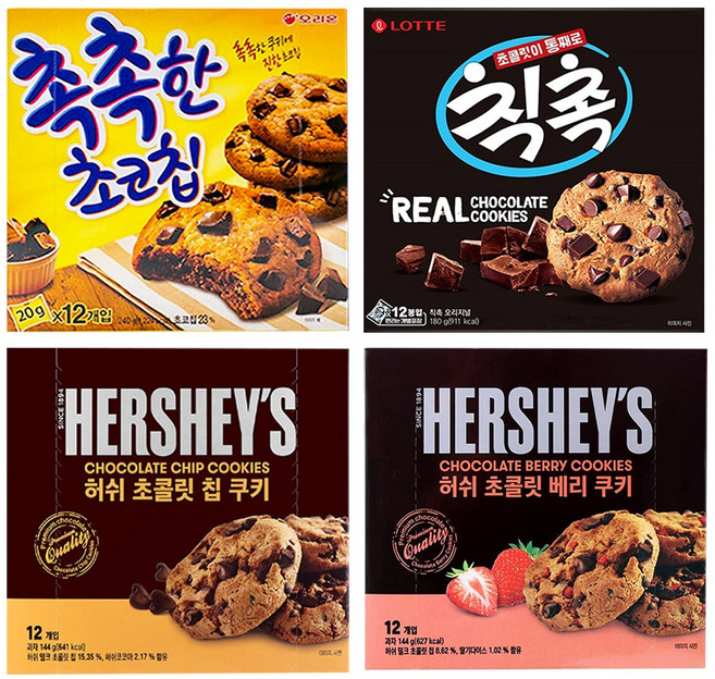촉촉한 초코칩 240g+칙촉 180g+허쉬 초콜릿칩쿠키 144g+허쉬초콜릿베리쿠키 144g (총 4개), 1개, 708g