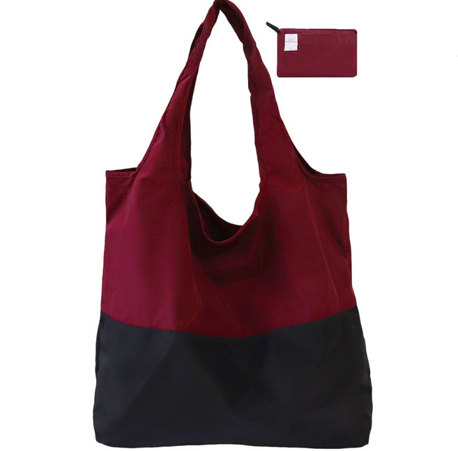휴대용 접이식 에코백 숄더백 가벼운 방수 튼튼한 대용량 장바구니, 1개, Top Wine Red / Bottom Black