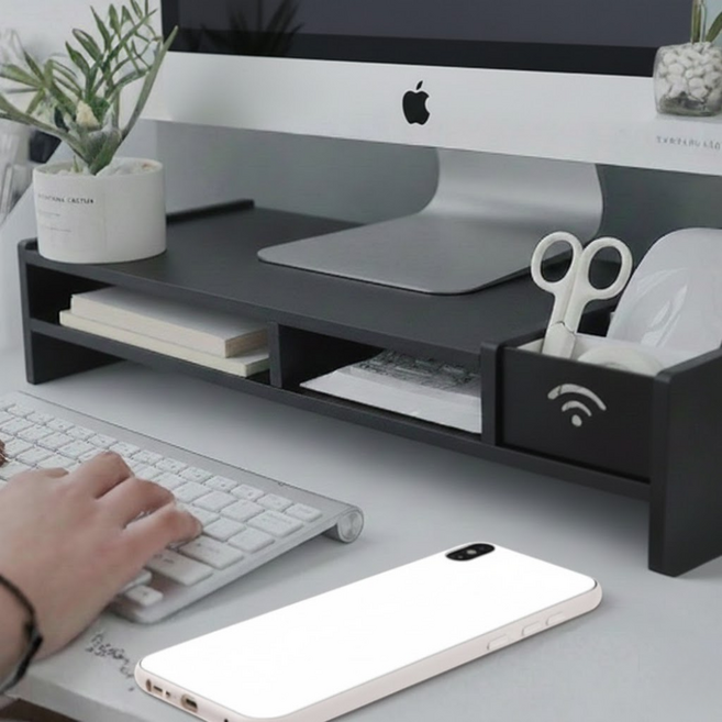 보나룸 모니터선반 컴퓨터 받침대 듀얼모니터 와이드 거치대, 블랙