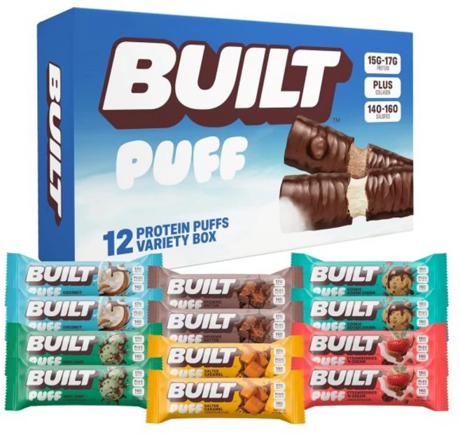 Built Bar 파티 믹스 버라이어티 팩 빌트 바 퍼프 프로틴 딸기와 크림 15g 단백질 간식 이동용 140칼로리만 8g 설탕 콜라겐 함유 글루텐 프리 12개입, Mixed Puff Box, 12개 (1팩), 1개 - 쿠팡