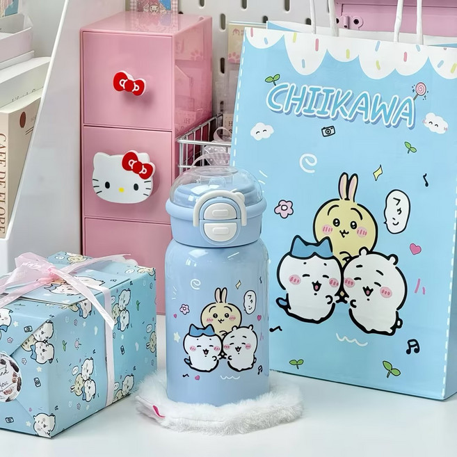 밀크카 치이카와 푸른 색 보온병+정교한 포장 써모스 두꺼운, 1개, 500ml