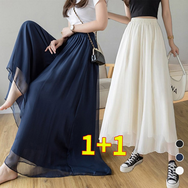 RCLET 1+1 여성 쉬폰 와이드팬츠 빅사이즈 루즈핏 치마바지 여름 얇은 쉬폰통바지