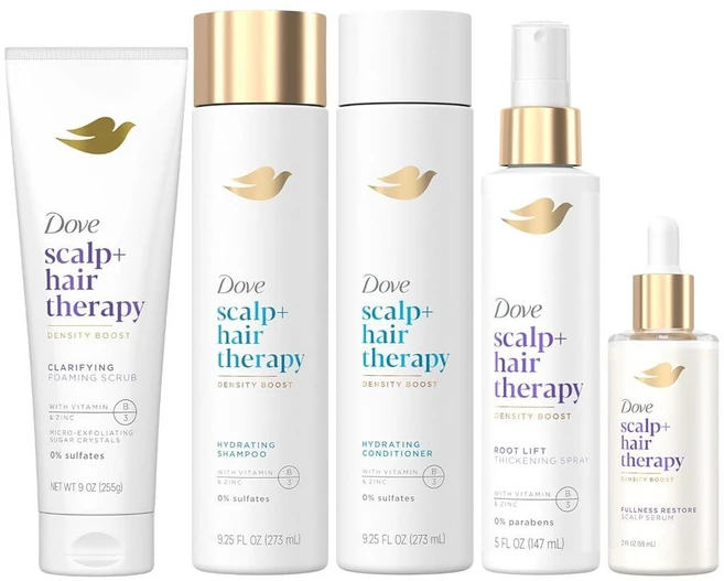 Dove 두피 + 헤어 테라피 번들 - 클래리파잉 포밍 스크럽 하이드레이팅 샴푸 및 컨디셔너 루트 리프트 농축 스프레이 충만 회복 세럼 5피스 세트 138292, 1개 - 쿠팡