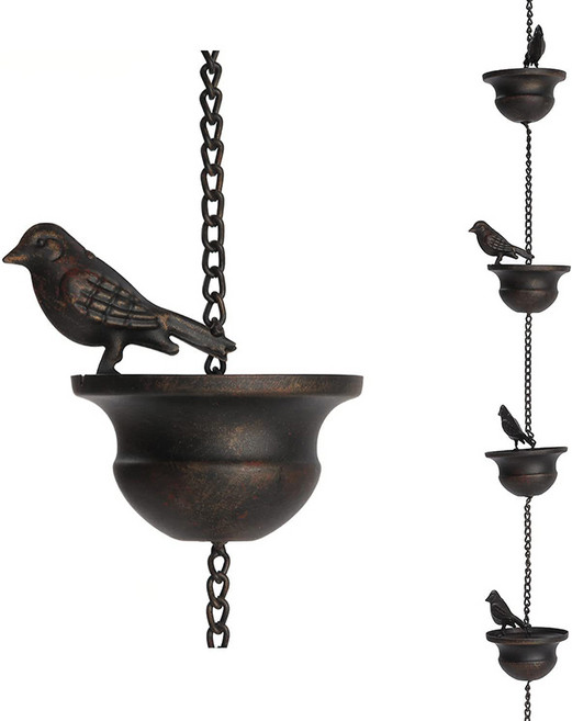 거터용 레인 체인 모바일 버드 온 컵 차임 행어 부착 다크 브론즈 멋진 홈 데코, 01 Black