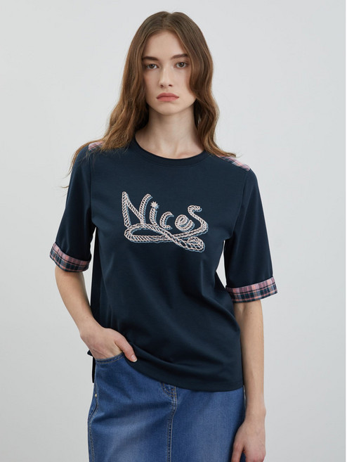 올리비아로렌 체크배색 반팔 티셔츠 VVCAS4M3371