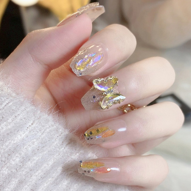 指見 鑽飾穿戴甲 新款香檳色 碎鑽穿戴甲 美甲甲片 合金包邊水晶美甲 絕美手工穿戴甲, 1個, 新款香槟色,果冻胶+小搓条, 新款香槟色