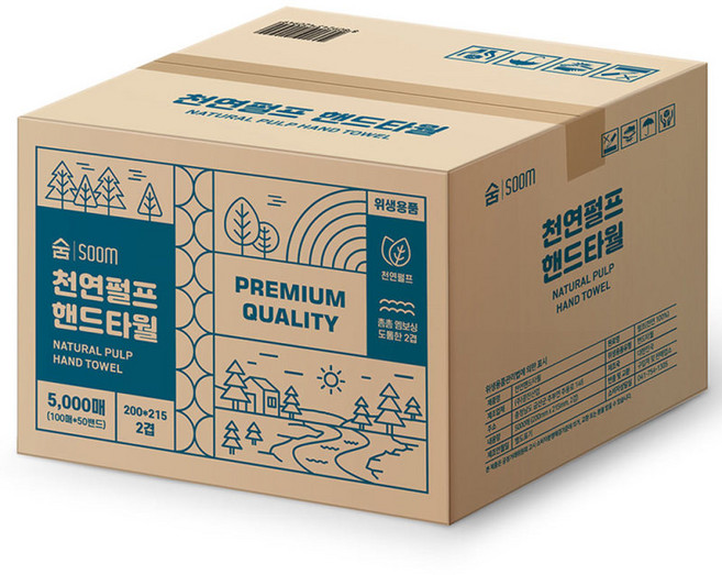 숨 100% 펄프 무형광 핸드타올 5000매 키친타올 페이퍼타올 215mm, 1개